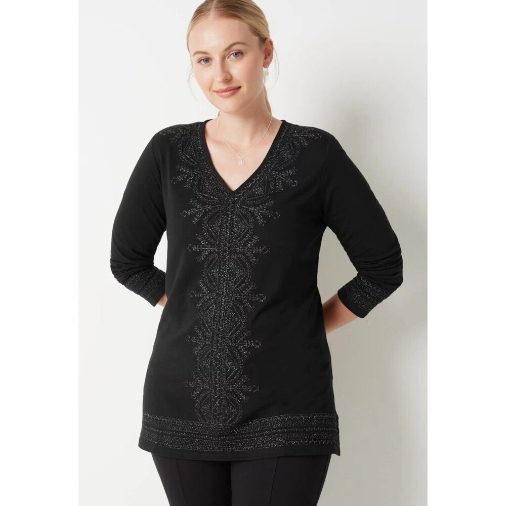 J Jill Women's XL Tunic Sparkle Metallic Embroidered Black Side Vents Shimmer